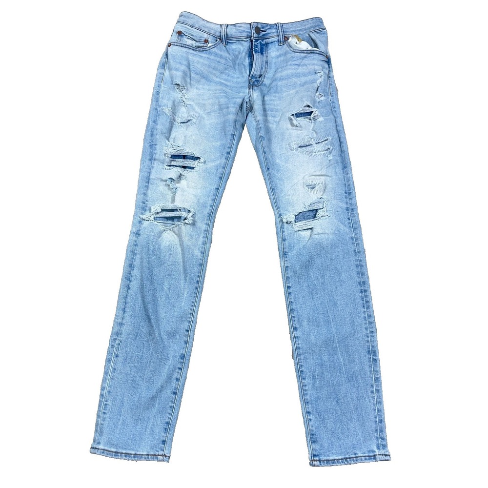 American Eagle Jeans Men 30x34 Athletic Skinny Fit Light Wash Holes Distressed A
